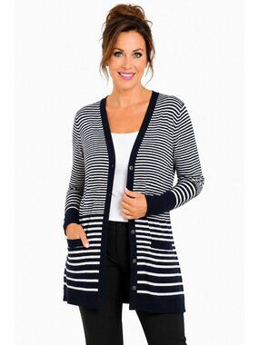 New Chicos Striped Cardigan Size 1 Medium Navy White Button Front Long Sweater